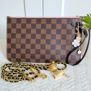 Louis Vuitton Brown Damier Pochette with Pink Trim. CHAIN & CHARM NOT INCLUDED